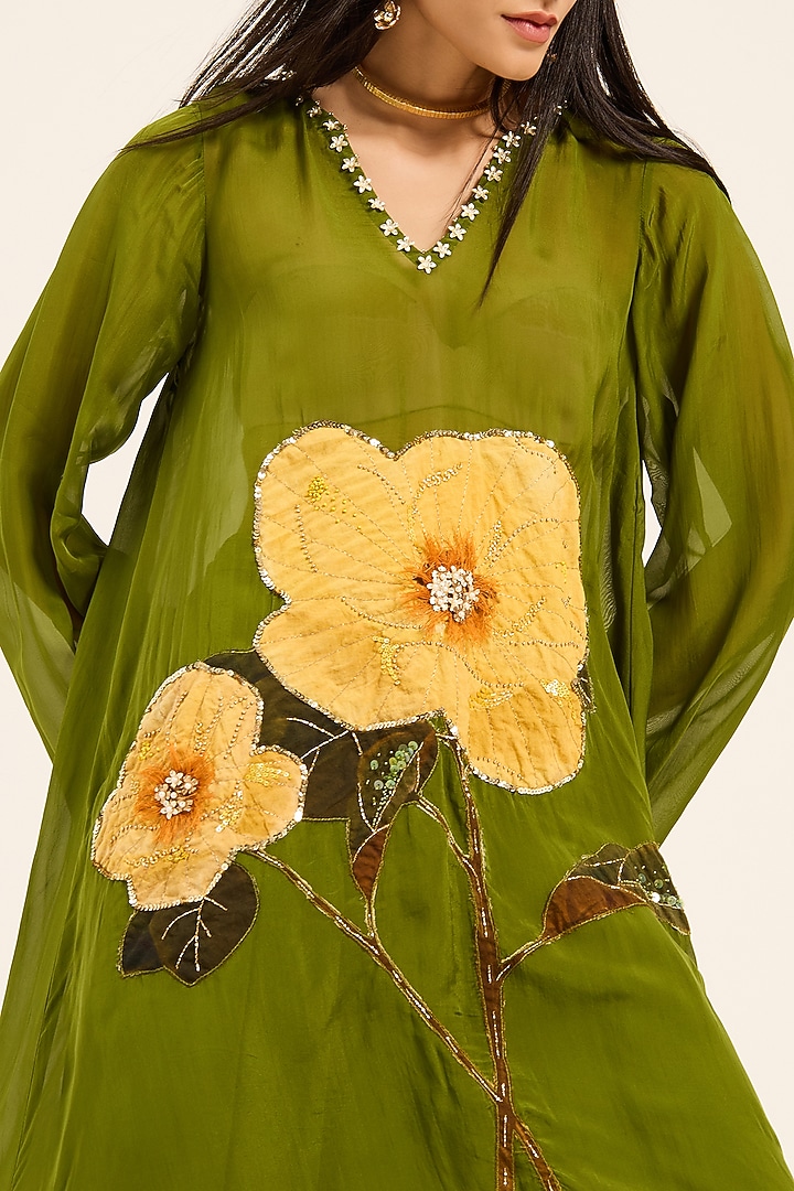 Green Organza Digital Printed Flared Kurta Set by RUHR INDIA at Pernia's Pop Up Shop