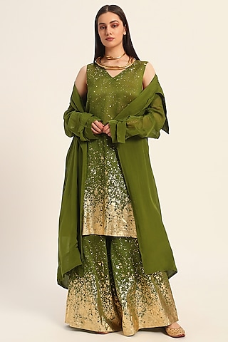 Green Silk Chanderi Foil Printed A-Line Kurta Set by RUHR INDIA