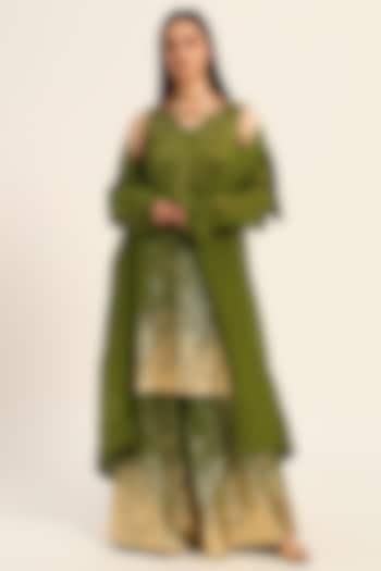 Green Organza Digital Printed Oversized Overcoat by RUHR INDIA at Pernia's Pop Up Shop