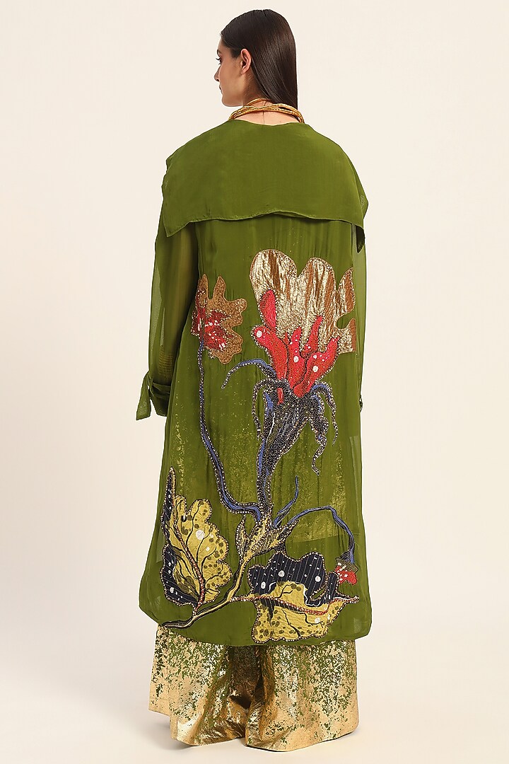 Green Organza Digital Printed Oversized Overcoat by RUHR INDIA at Pernia's Pop Up Shop