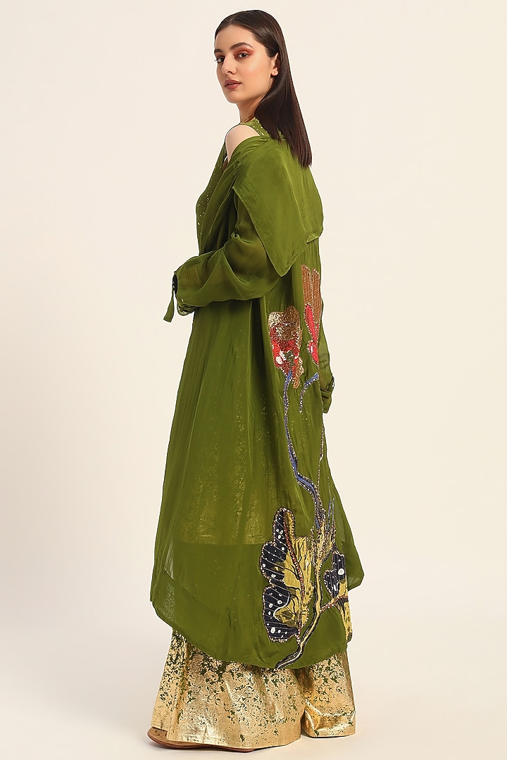 Green Organza Digital Printed Oversized Overcoat by RUHR INDIA at Pernia's Pop Up Shop