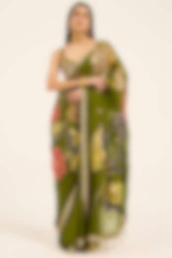 Green Organza Digital Printed & Hand Embroidered Reception Saree Set by RUHR INDIA at Pernia's Pop Up Shop