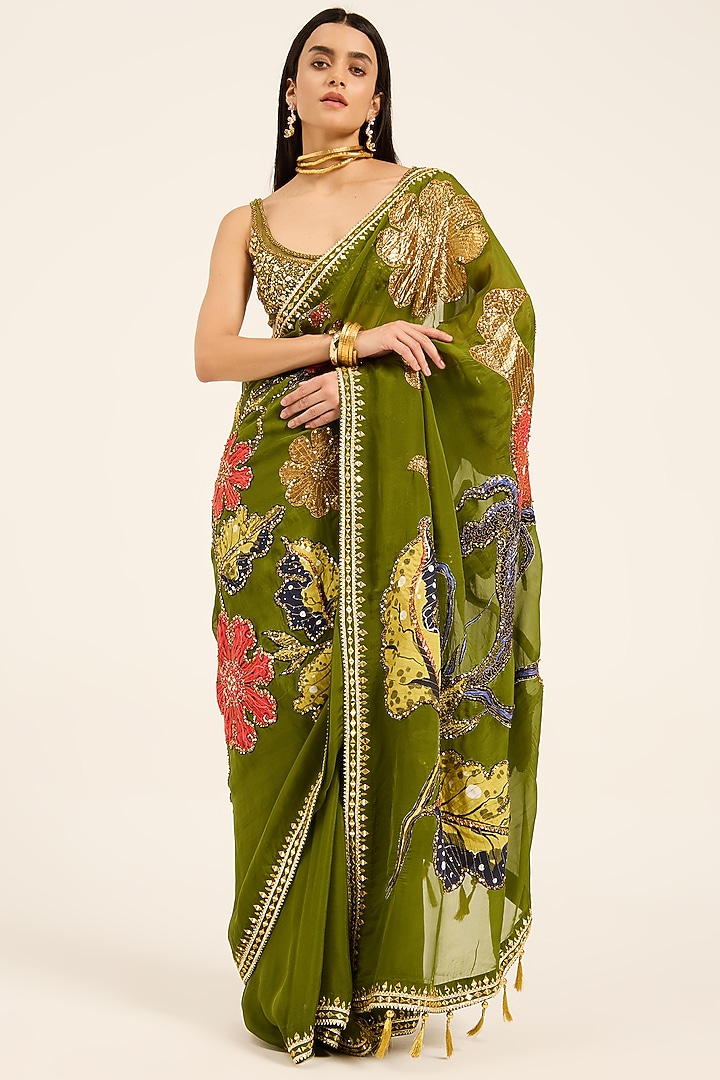Green Organza Digital Printed & Hand Embroidered Reception Saree Set by RUHR INDIA at Pernia's Pop Up Shop