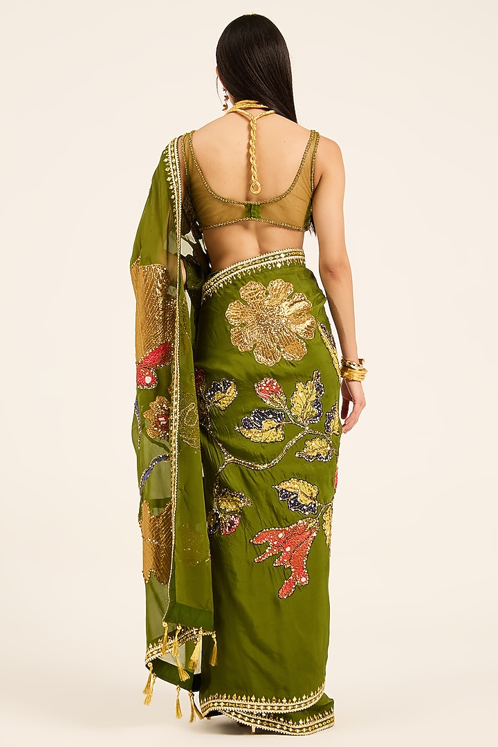 Green Organza Digital Printed & Hand Embroidered Reception Saree Set by RUHR INDIA at Pernia's Pop Up Shop