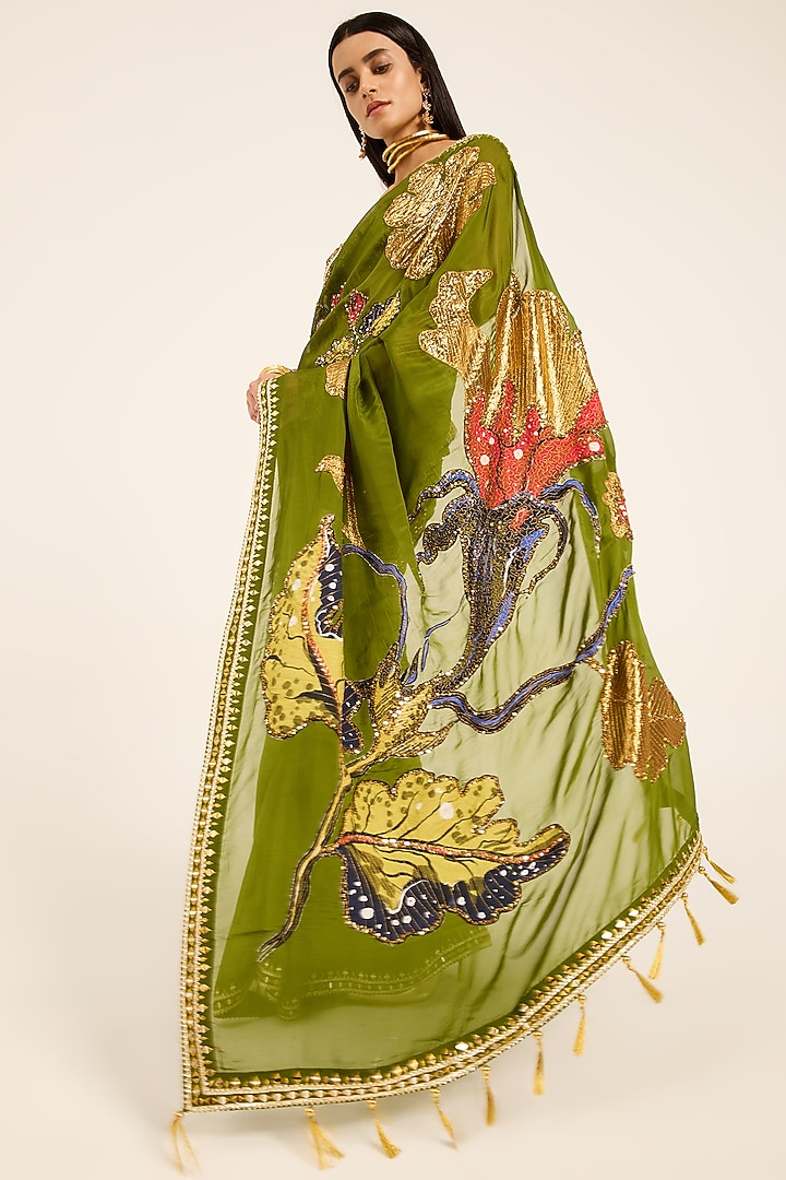 Green Organza Digital Printed & Hand Embroidered Reception Saree Set by RUHR INDIA at Pernia's Pop Up Shop