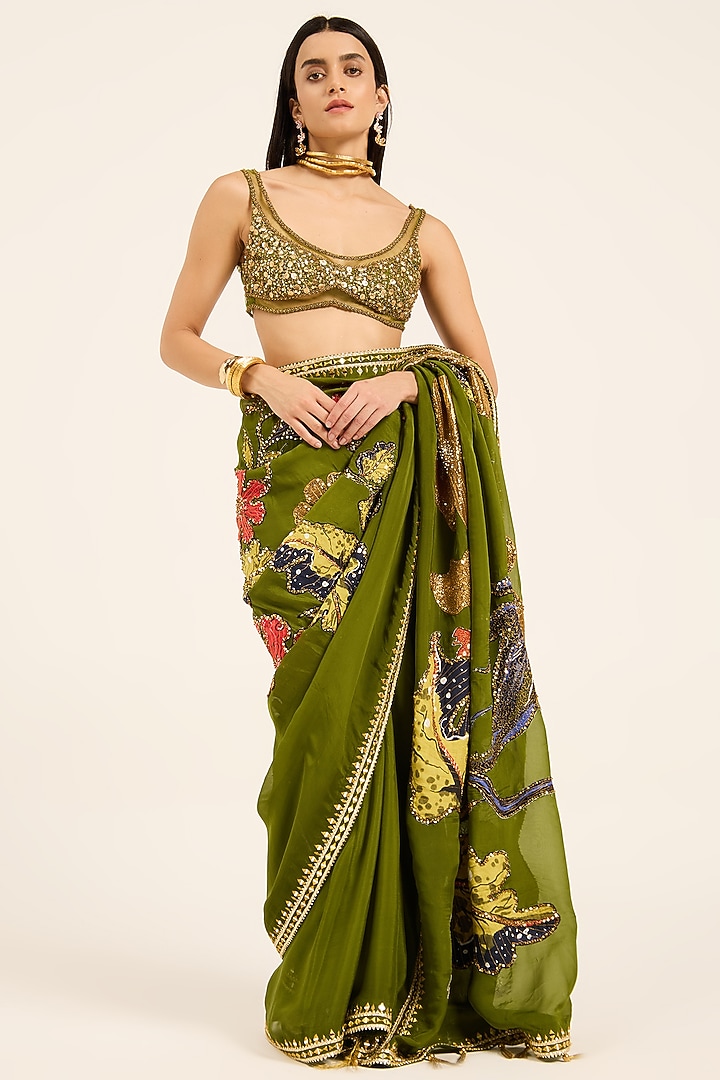 Green Organza Digital Printed & Hand Embroidered Reception Saree Set by RUHR INDIA at Pernia's Pop Up Shop