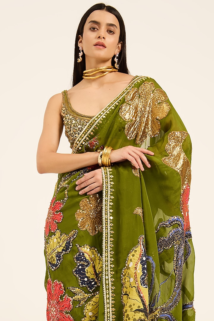 Green Organza Digital Printed & Hand Embroidered Reception Saree Set by RUHR INDIA at Pernia's Pop Up Shop
