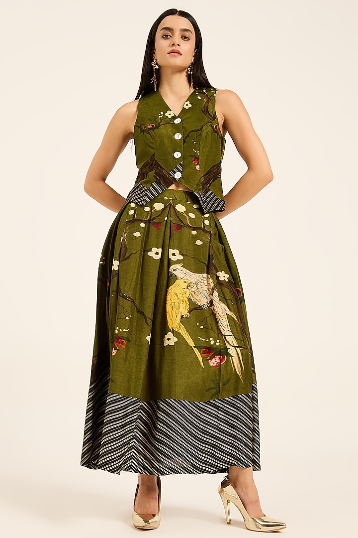 Green Dola Silk Digital Printed Skirt Set by RUHR INDIA at Pernia's Pop Up Shop