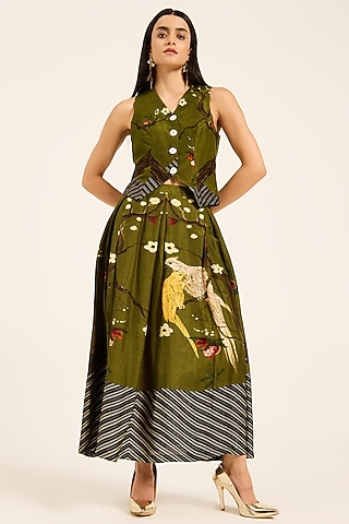 Green Dola Silk Digital Printed Skirt Set by RUHR INDIA