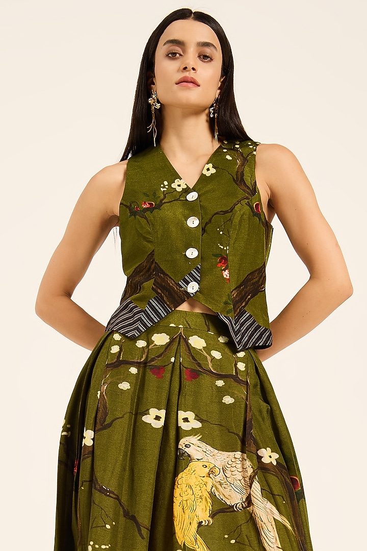 Green Dola Silk Digital Printed Skirt Set by RUHR INDIA at Pernia's Pop Up Shop