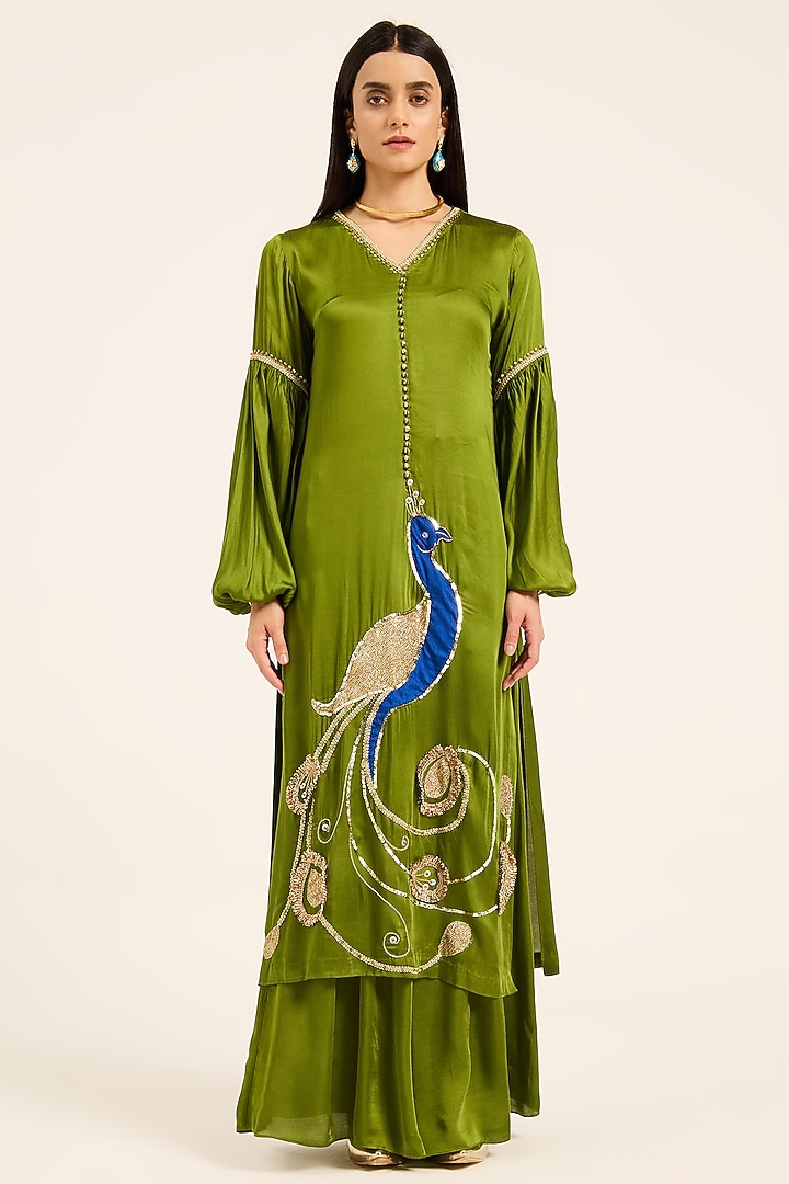 Green Satin Hand Embroidered Kurta Set by RUHR INDIA at Pernia's Pop Up Shop