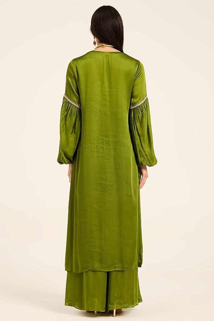 Green Satin Hand Embroidered Kurta Set by RUHR INDIA at Pernia's Pop Up Shop