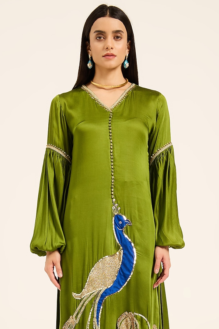 Green Satin Hand Embroidered Kurta Set by RUHR INDIA at Pernia's Pop Up Shop