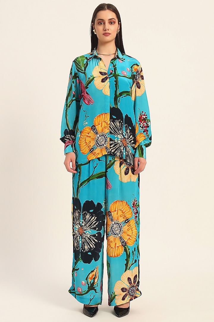 Firozi Blue Crepe Digital Printed Co-Ord Set by RUHR INDIA at Pernia's Pop Up Shop