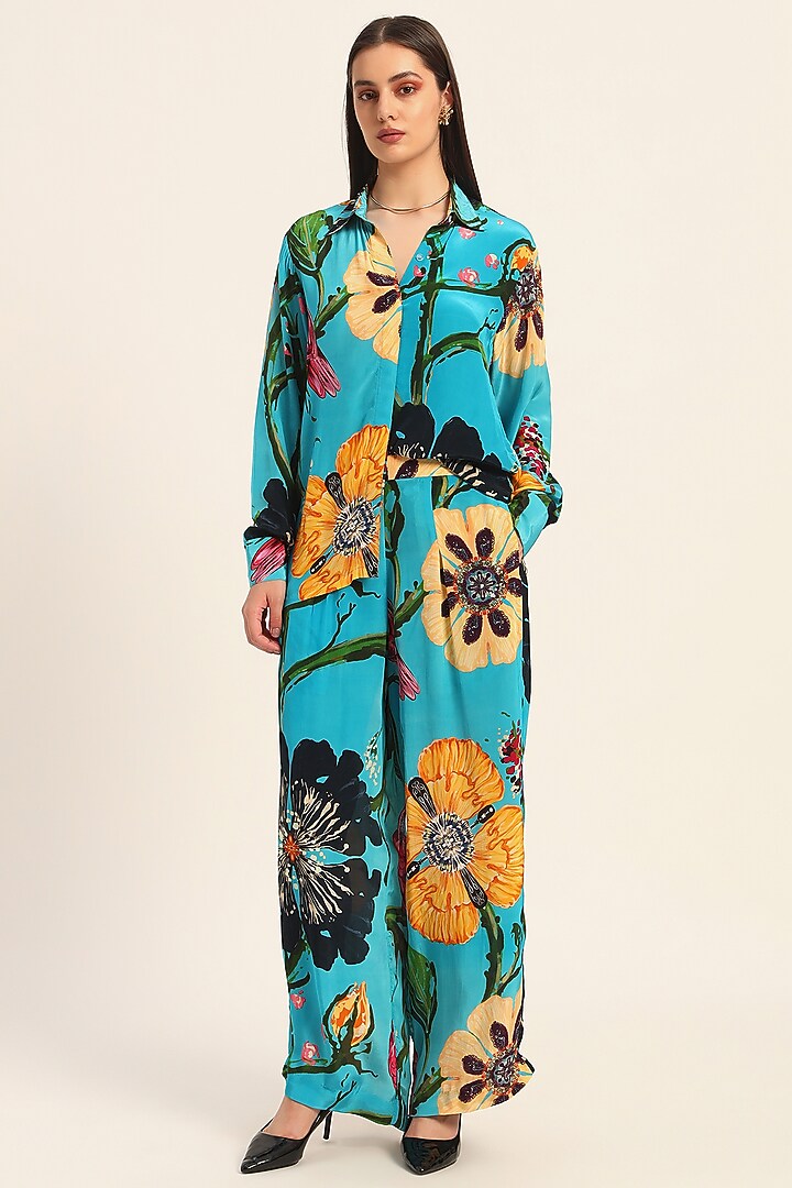 Firozi Blue Crepe Digital Printed Co-Ord Set by RUHR INDIA at Pernia's Pop Up Shop
