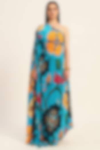 Firozi Blue Crepe Digital Printed One-Shoulder Kaftan Vacation Dress by RUHR INDIA at Pernia's Pop Up Shop