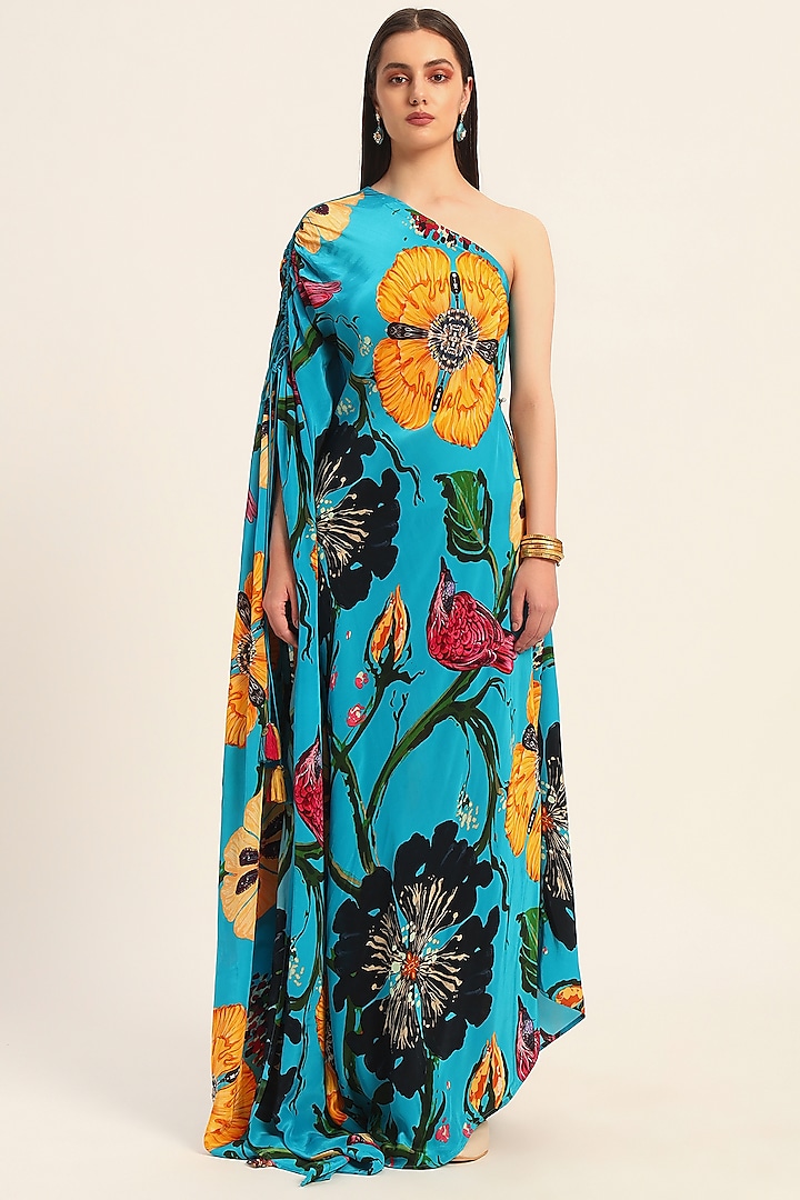 Firozi Blue Crepe Digital Printed One-Shoulder Kaftan Vacation Dress by RUHR INDIA at Pernia's Pop Up Shop