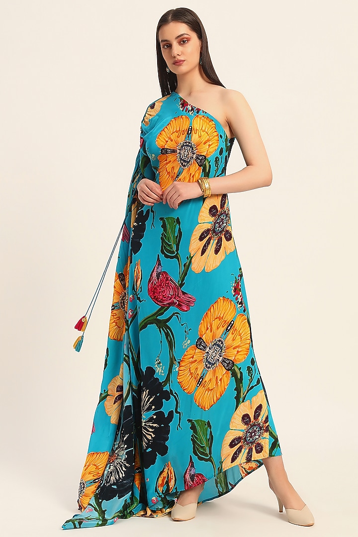 Firozi Blue Crepe Digital Printed One-Shoulder Kaftan Vacation Dress by RUHR INDIA at Pernia's Pop Up Shop