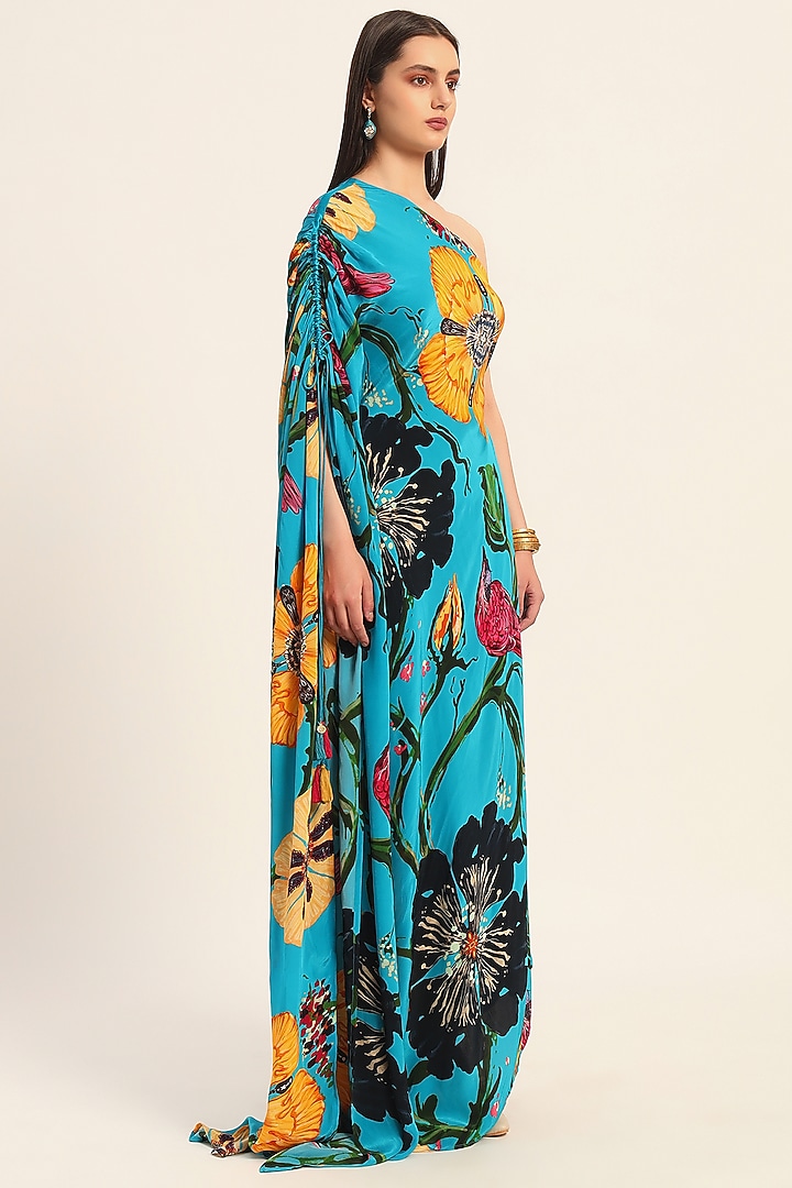 Firozi Blue Crepe Digital Printed One-Shoulder Kaftan Vacation Dress by RUHR INDIA at Pernia's Pop Up Shop