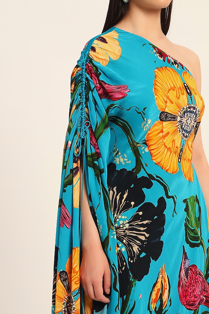 one shoulder kaftan dress indian Firozi Blue Crepe Digital Printed One-Shoulder Kaftan Vacation Dress by  RUHR INDIA at Pernia's Pop Up Shop 2026