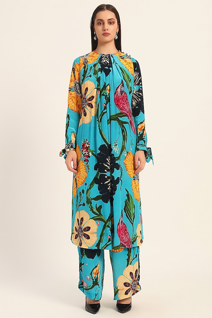 Firozi Blue Crepe Digital Printed & Beadwork Kurta Set by RUHR INDIA at Pernia's Pop Up Shop