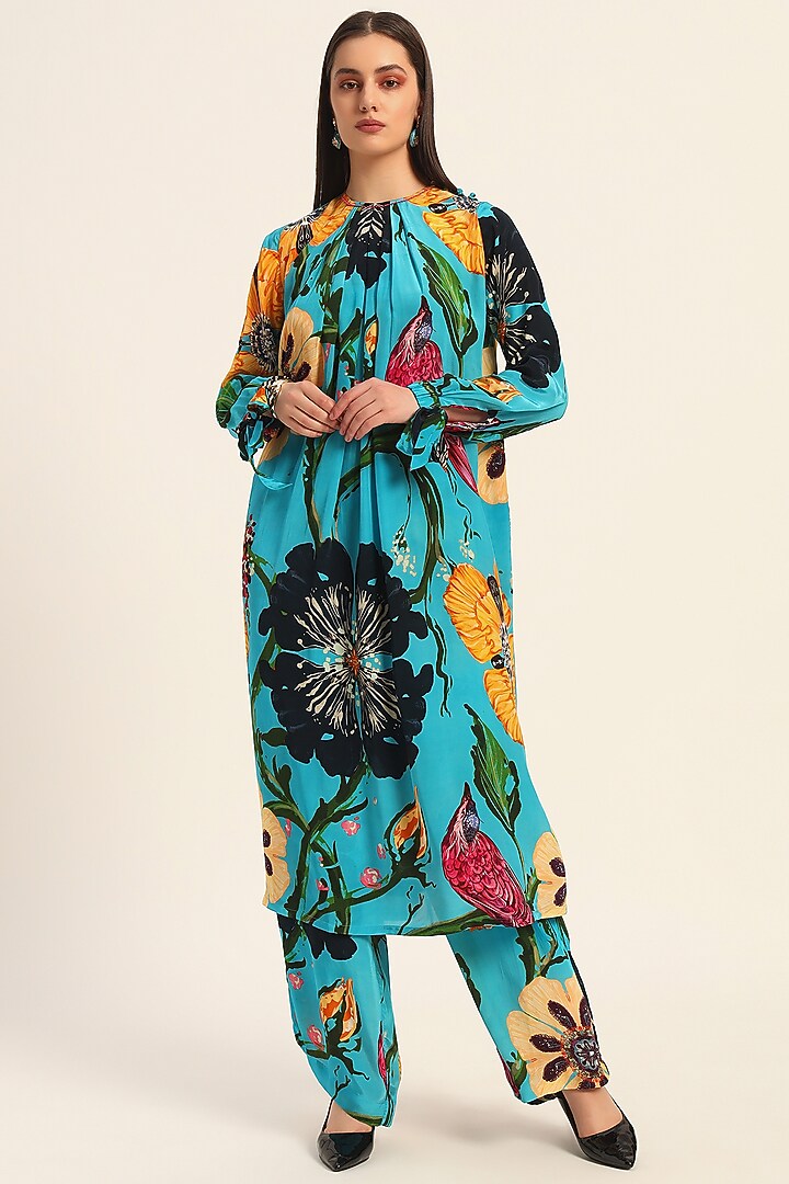 Firozi Blue Crepe Digital Printed & Beadwork Kurta Set by RUHR INDIA at Pernia's Pop Up Shop