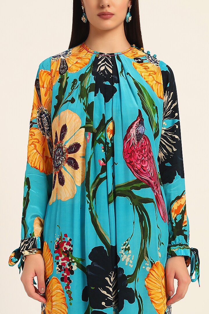 Firozi Blue Crepe Digital Printed & Beadwork Kurta Set by RUHR INDIA at Pernia's Pop Up Shop