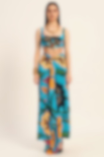 Firozi Blue Crepe Digital Printed Draped Skirt Set by RUHR INDIA at Pernia's Pop Up Shop