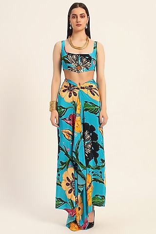 Firozi Blue Crepe Digital Printed Draped Skirt Set by RUHR INDIA