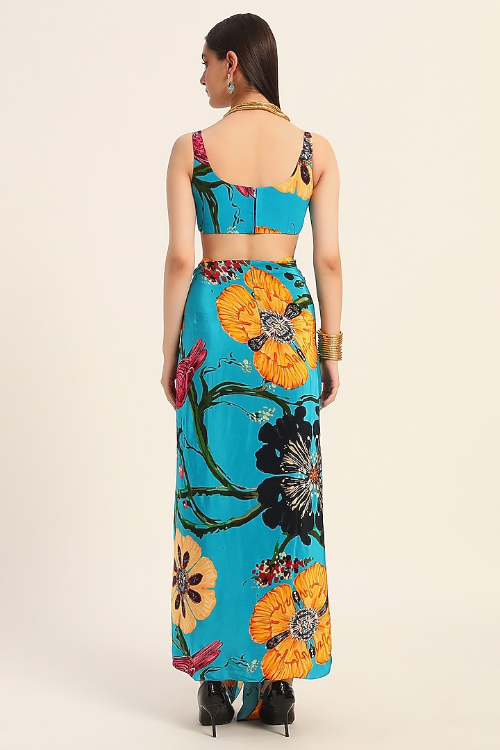 Firozi Blue Crepe Digital Printed Draped Skirt Set by RUHR INDIA at Pernia's Pop Up Shop