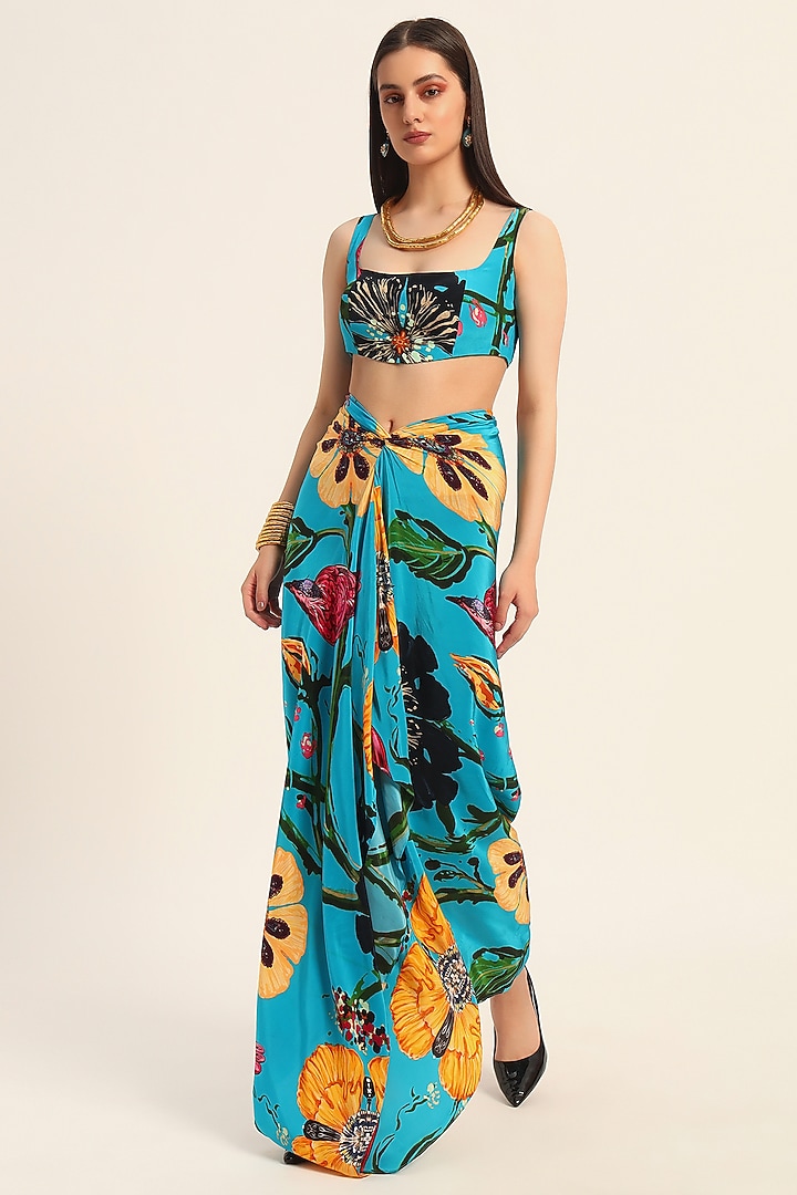 Firozi Blue Crepe Digital Printed Draped Skirt Set by RUHR INDIA at Pernia's Pop Up Shop
