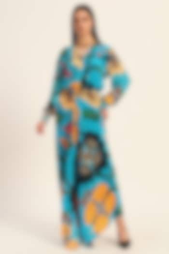 Firozi Blue Crepe Digital Printed Draped Skirt Set by RUHR INDIA at Pernia's Pop Up Shop