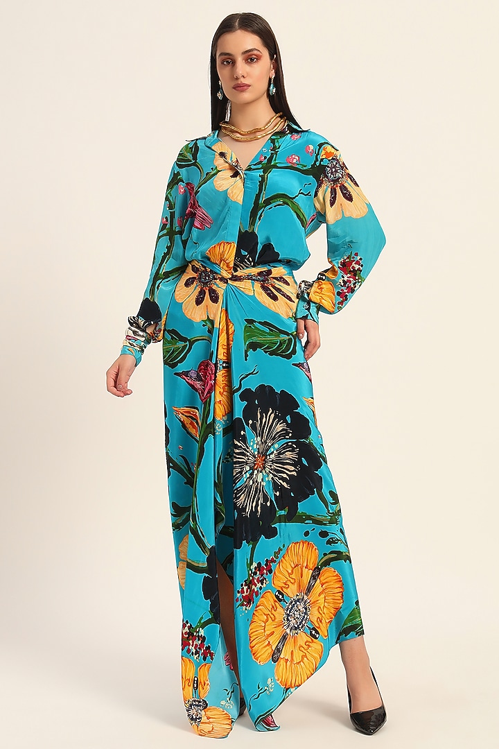 Firozi Blue Crepe Digital Printed Draped Skirt Set by RUHR INDIA at Pernia's Pop Up Shop
