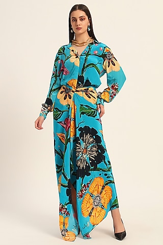 Firozi Blue Crepe Digital Printed Draped Skirt Set by RUHR INDIA