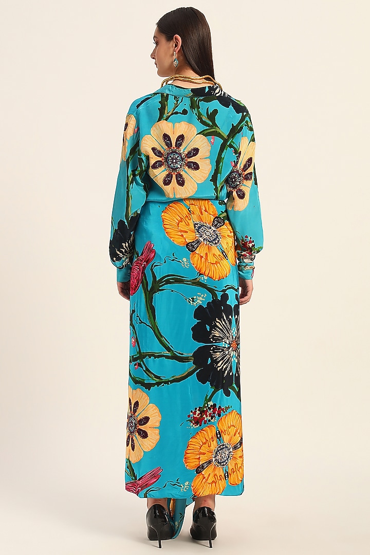 Firozi Blue Crepe Digital Printed Draped Skirt Set by RUHR INDIA at Pernia's Pop Up Shop