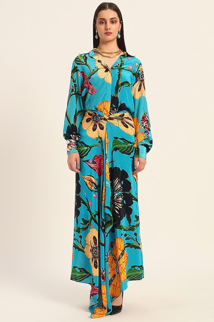 Firozi Blue Crepe Digital Printed Draped Skirt Set by RUHR INDIA at Pernia's Pop Up Shop