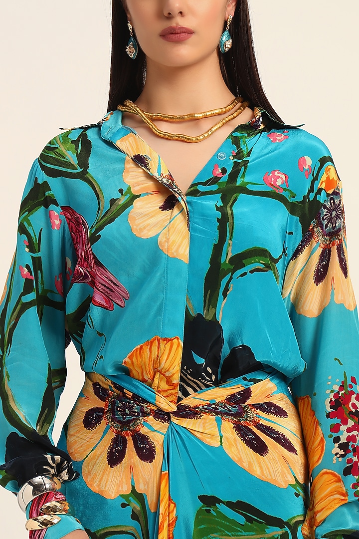 Firozi Blue Crepe Digital Printed Draped Skirt Set by RUHR INDIA at Pernia's Pop Up Shop
