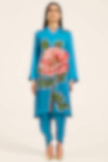 Firozi Blue Satin Hand Embroidered & Digital Printed Kurta Set by RUHR INDIA at Pernia's Pop Up Shop