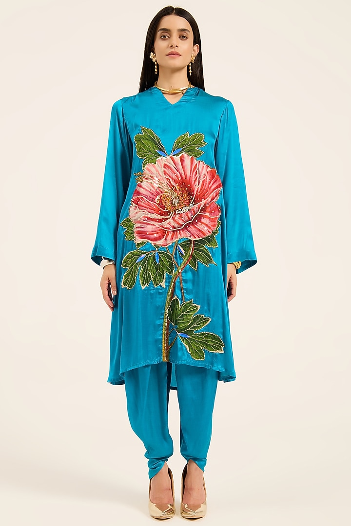 Firozi Blue Satin Hand Embroidered & Digital Printed Kurta Set by RUHR INDIA at Pernia's Pop Up Shop