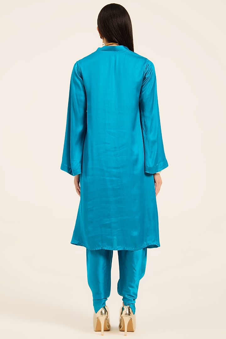 Firozi Blue Satin Hand Embroidered & Digital Printed Kurta Set by RUHR INDIA at Pernia's Pop Up Shop