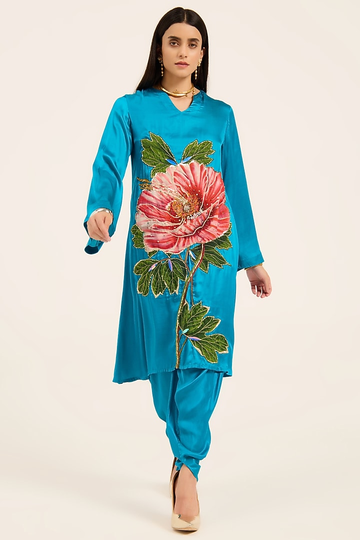 Firozi Blue Satin Hand Embroidered & Digital Printed Kurta Set by RUHR INDIA at Pernia's Pop Up Shop