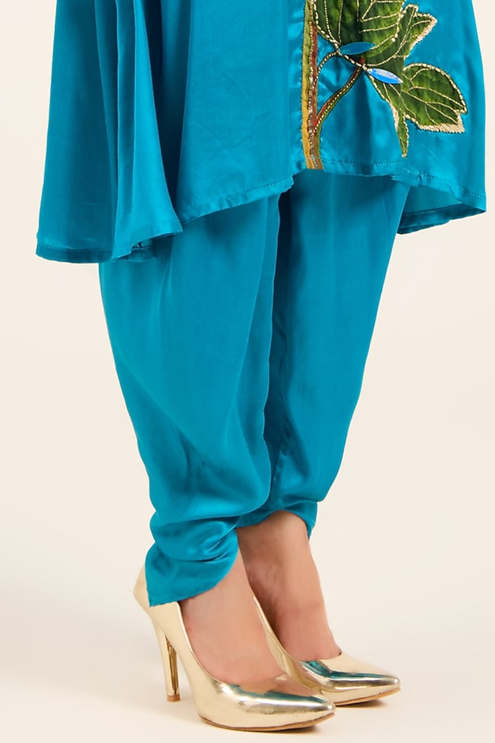 Firozi Blue Satin Hand Embroidered & Digital Printed Kurta Set by RUHR INDIA at Pernia's Pop Up Shop
