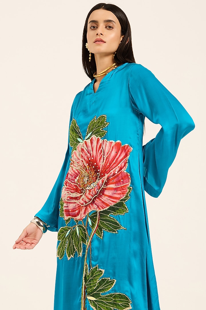 Firozi Blue Satin Hand Embroidered & Digital Printed Kurta Set by RUHR INDIA at Pernia's Pop Up Shop