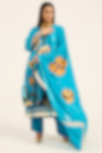 Firozi Blue Organza Hand Embroidered & Digital Printed Kurta Set by RUHR INDIA at Pernia's Pop Up Shop