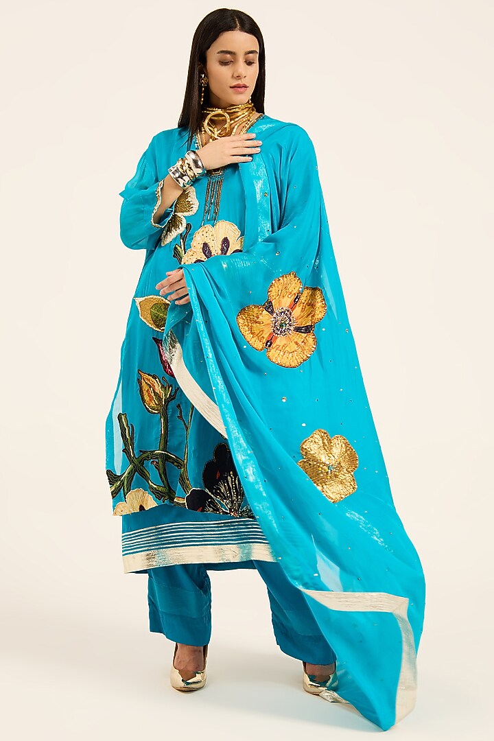 Firozi Blue Organza Hand Embroidered & Digital Printed Kurta Set by RUHR INDIA at Pernia's Pop Up Shop