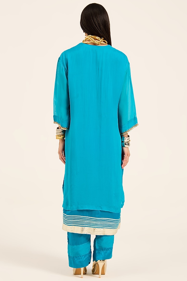 Firozi Blue Organza Hand Embroidered & Digital Printed Kurta Set by RUHR INDIA at Pernia's Pop Up Shop