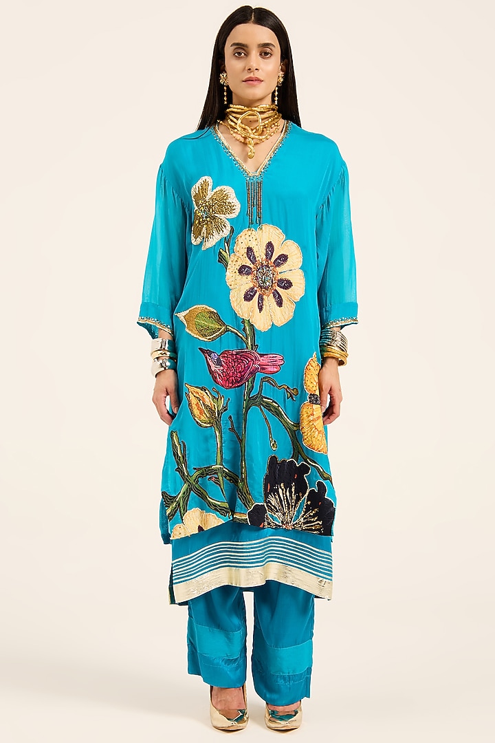 Firozi Blue Organza Hand Embroidered & Digital Printed Kurta Set by RUHR INDIA at Pernia's Pop Up Shop