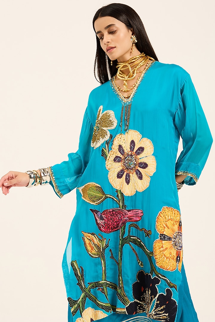 Firozi Blue Organza Hand Embroidered & Digital Printed Kurta Set by RUHR INDIA at Pernia's Pop Up Shop