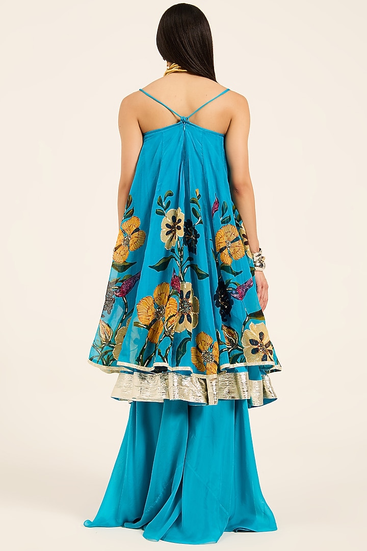 Firozi Blue Organza Hand Embroidered & Digital Printed Kurta Set by RUHR INDIA at Pernia's Pop Up Shop