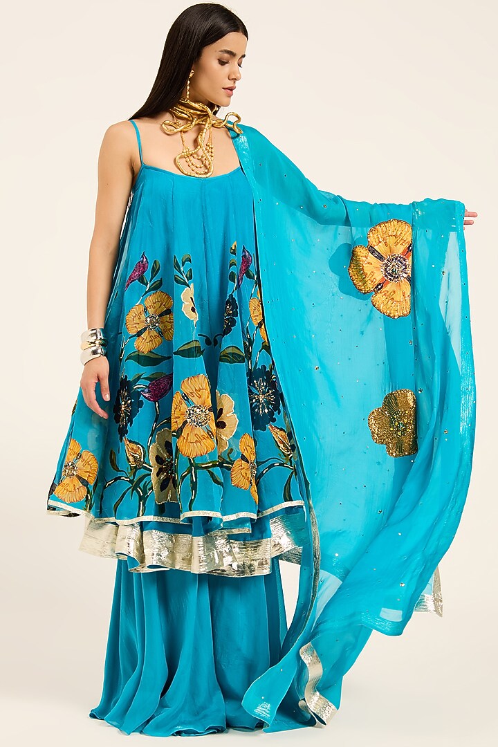 Firozi Blue Organza Hand Embroidered & Digital Printed Kurta Set by RUHR INDIA at Pernia's Pop Up Shop